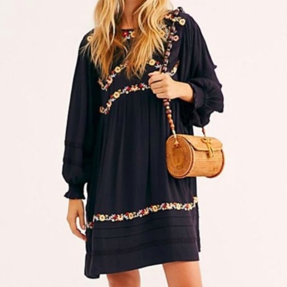 FREE People black embroidered hobo mini dress